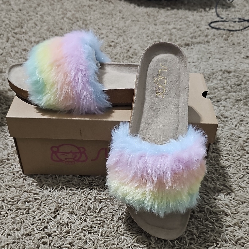 NEW Sugar Bravoes Tie Dye Sandals Slip On Rainbow 9 Fuzzy Faux Fur Cork Shoe